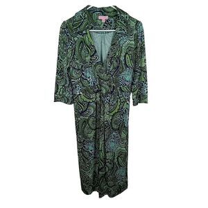 Lilly Pulitzer Womens Paisley Silk Wrap Style Dress Size 6 Green Blue 3/4 Sleeve
